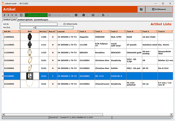 Artikelliste Etikettendruck-Software eXtra4-win4 mit fertig gestaltetem Etiketten-Design